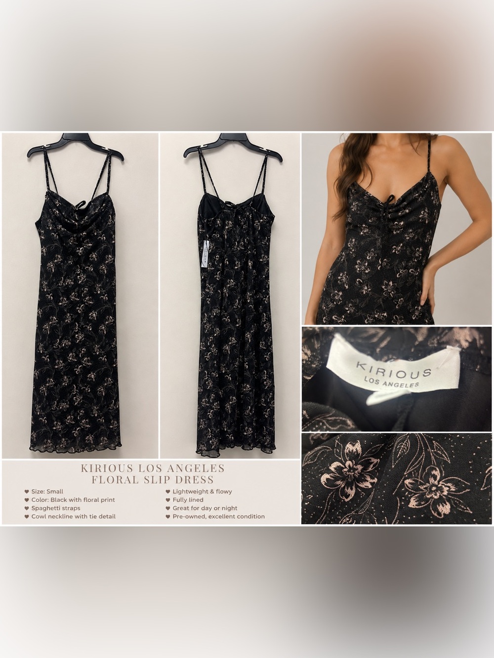 Kirious Los Angeles Black Floral Cowl Neck Slip Dress – Size S NWT